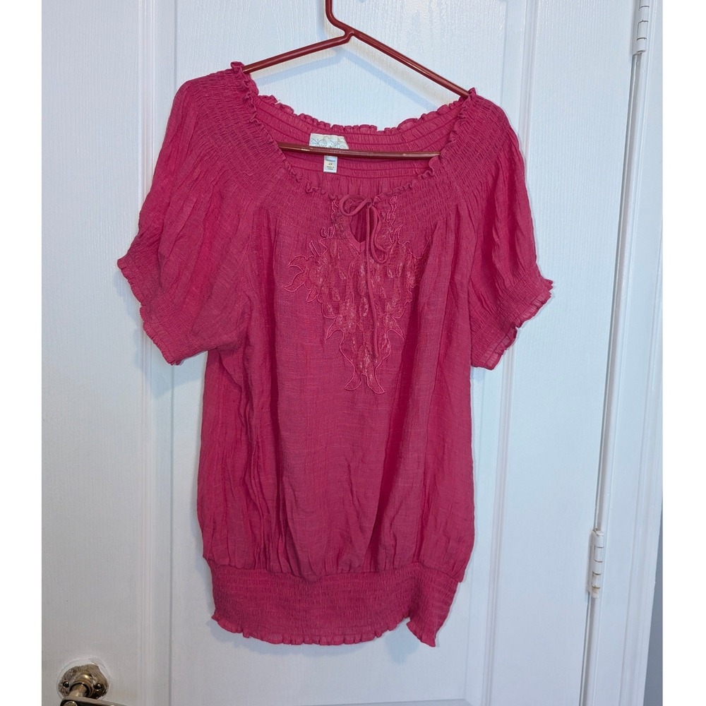 Dressbarn Pink Embroidered Smocked Peasant Blouse Top Womens 2X Short Sleeve